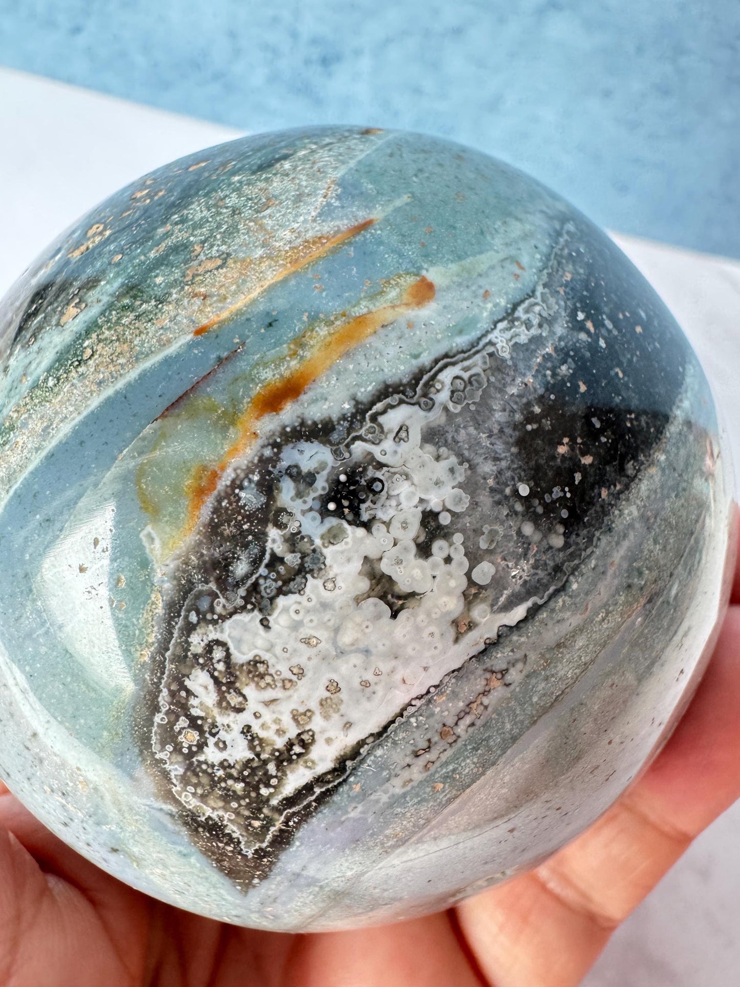 Light Blue and Dark Green Sea Jasper Sphere (ITEM D) - 74.2 mm diameter - From Madagascar