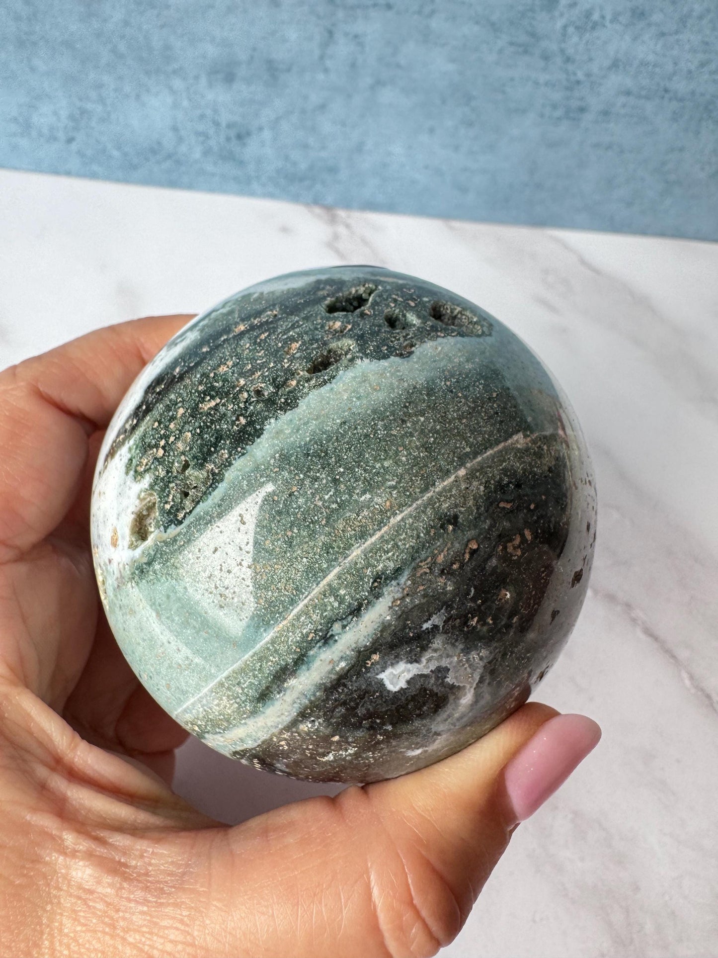 Light Blue and Dark Green Sea Jasper Sphere (ITEM D) - 74.2 mm diameter - From Madagascar