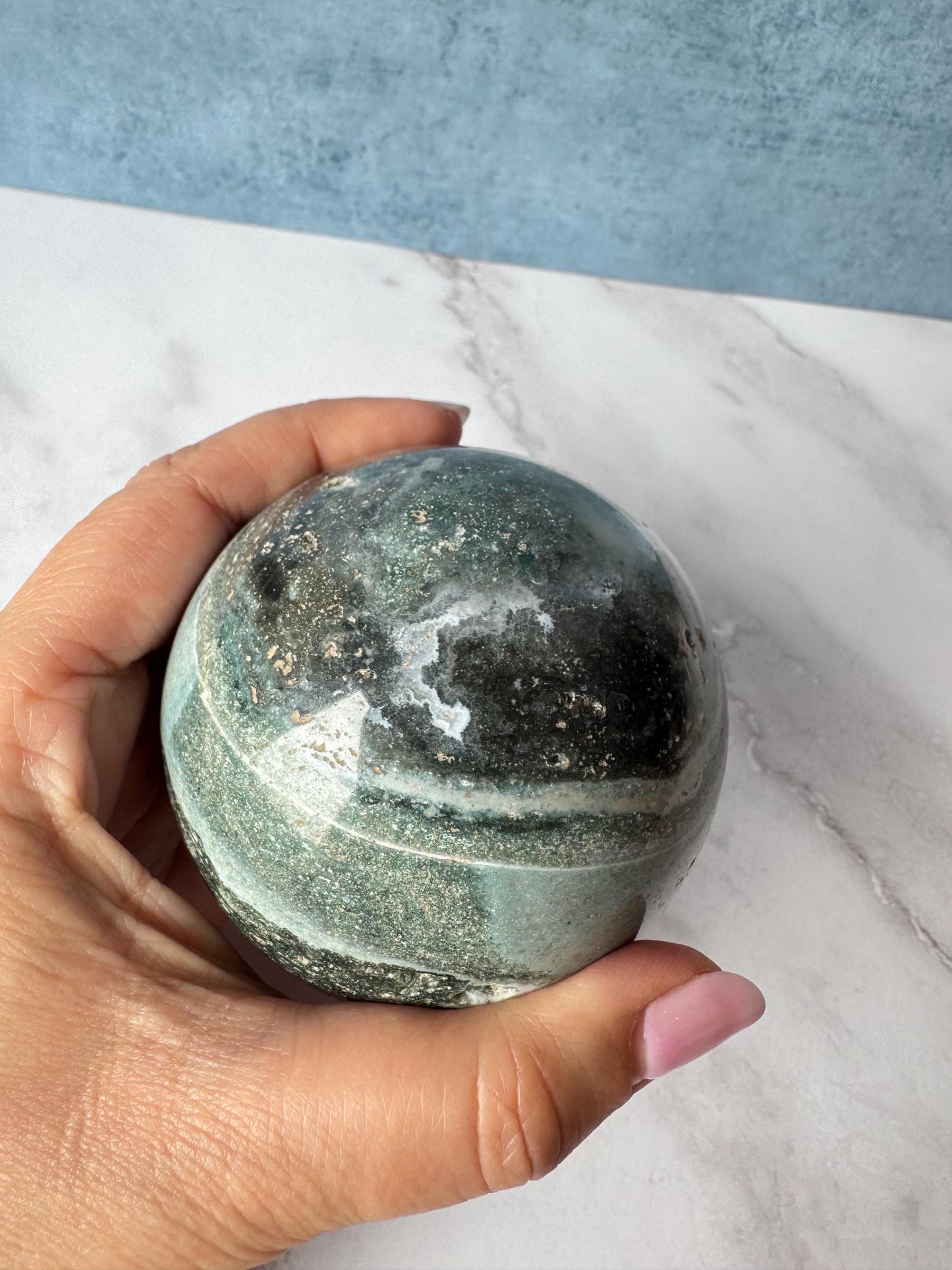 Light Blue and Dark Green Sea Jasper Sphere (ITEM D) - 74.2 mm diameter - From Madagascar