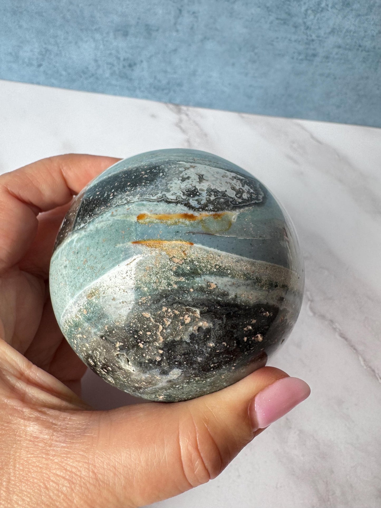 Light Blue and Dark Green Sea Jasper Sphere (ITEM D) - 74.2 mm diameter - From Madagascar