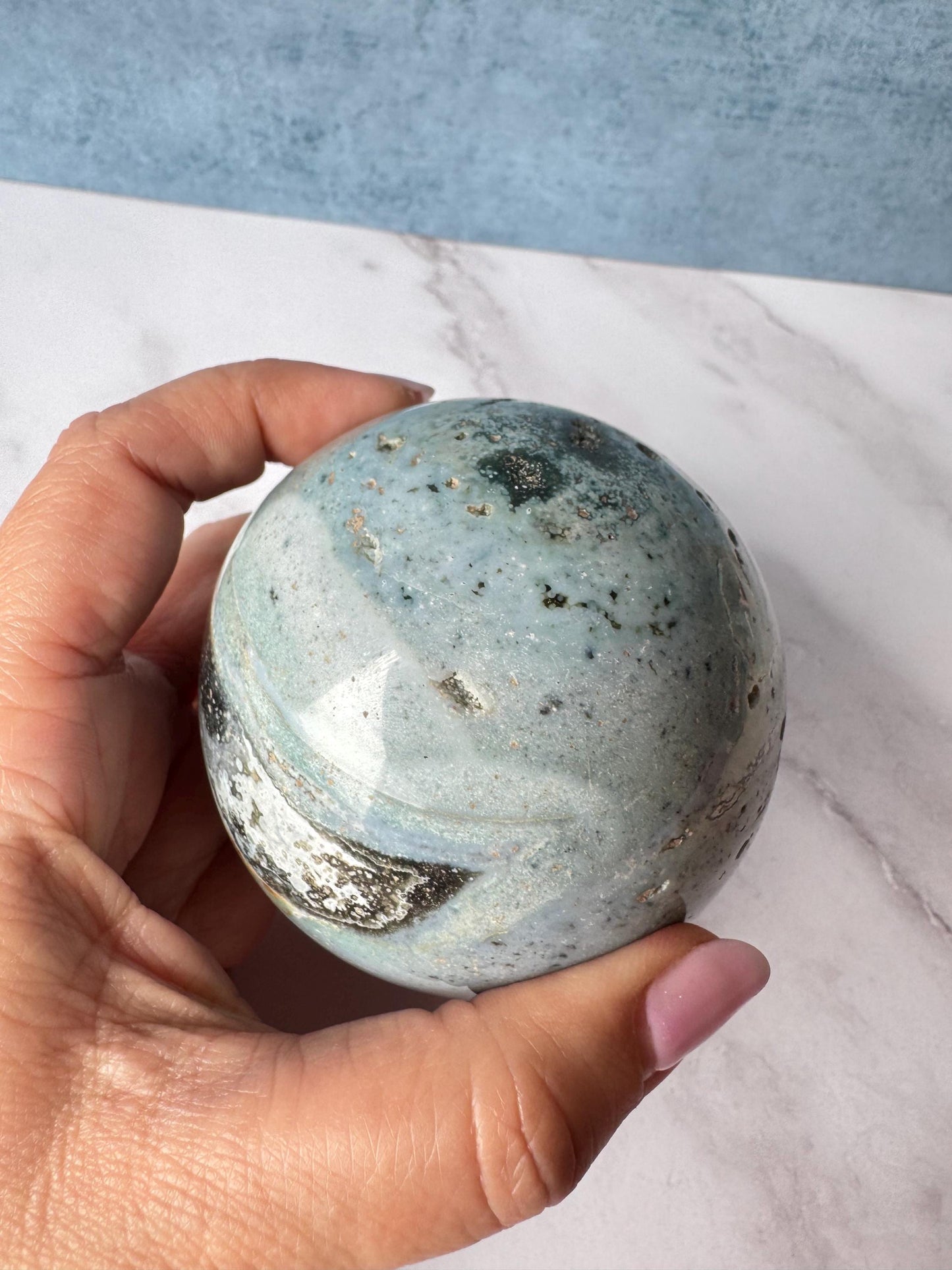 Light Blue and Dark Green Sea Jasper Sphere (ITEM D) - 74.2 mm diameter - From Madagascar