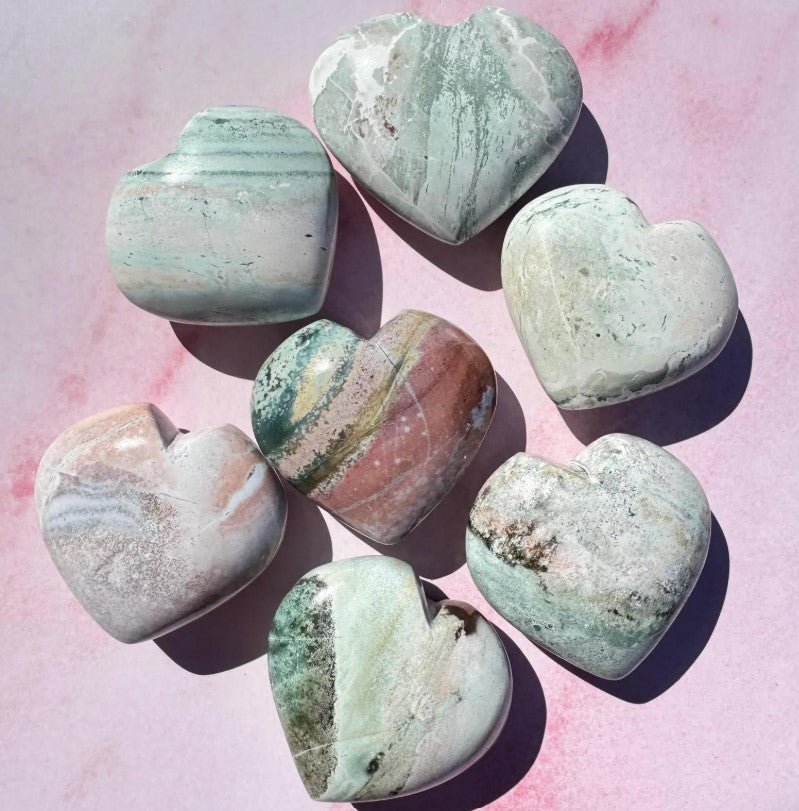 Unicorn Jasper Heart Carvings from India - Set 3